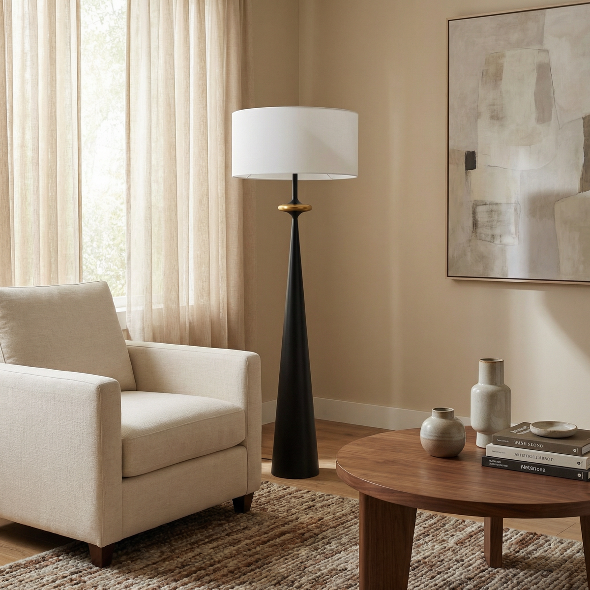 Sculptural Wood Cone Floor Lamp Edvonis – Black Finish, Living Room