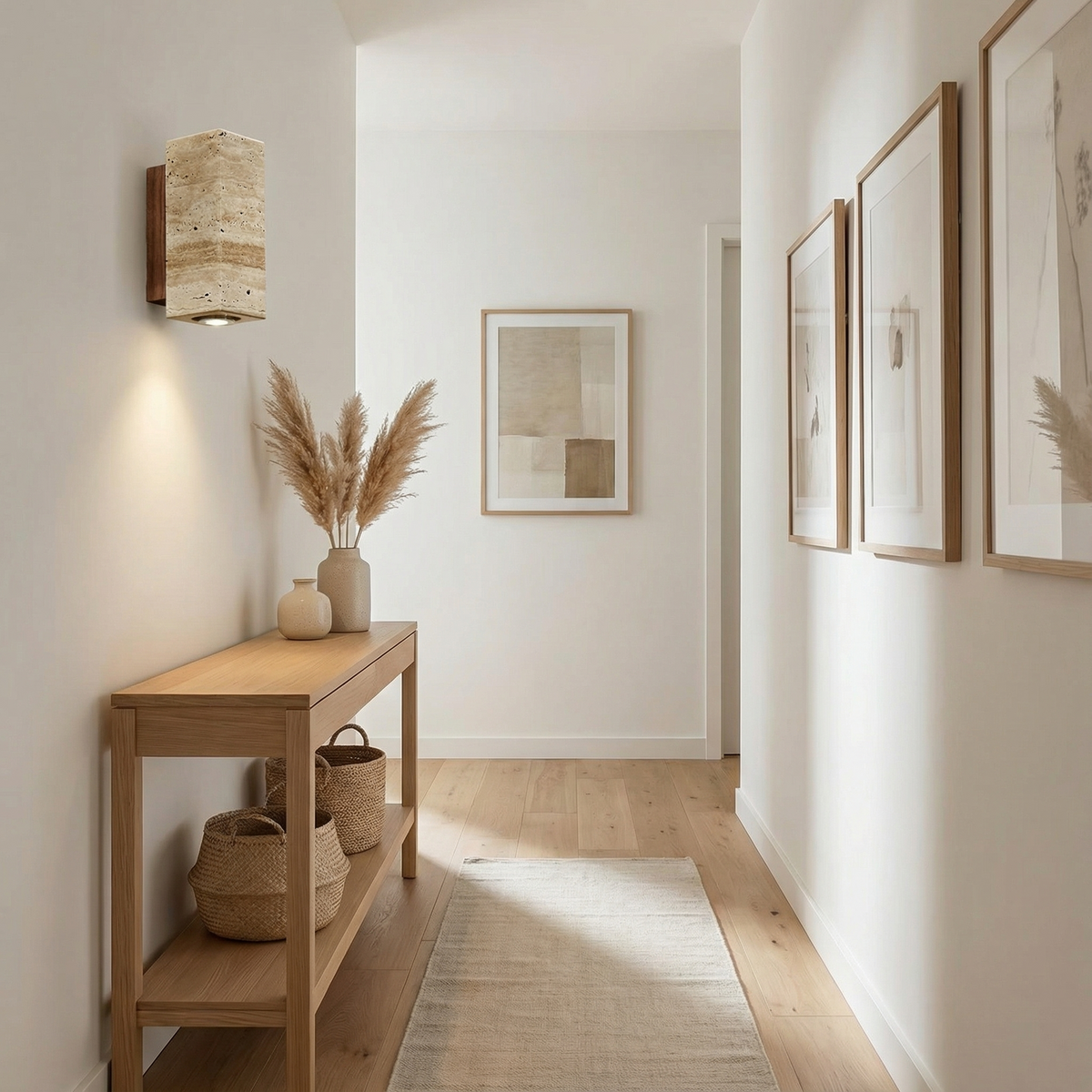 Travertine Walnut Dual-Tone Wall Sconce Aulon – Hallway Lifestyle