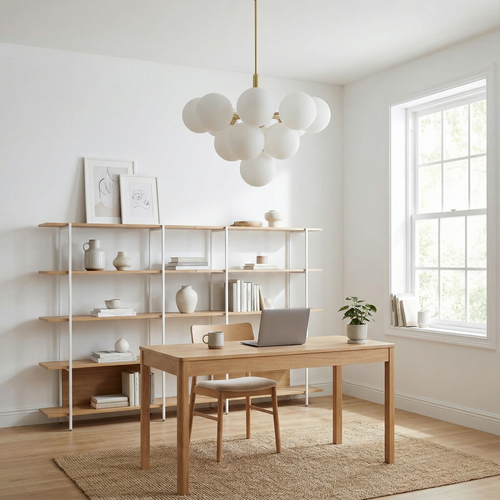 Bubble cluster brass chandelier over a Scandinavian home office desk