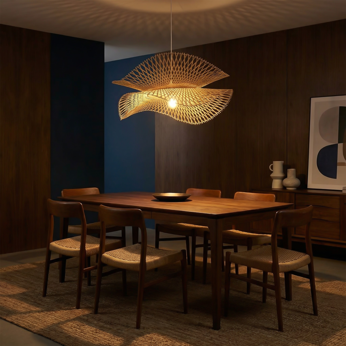 Artisan Woven Bamboo Pendant Light Galvex – Wave Silhouette Over a Dining Table