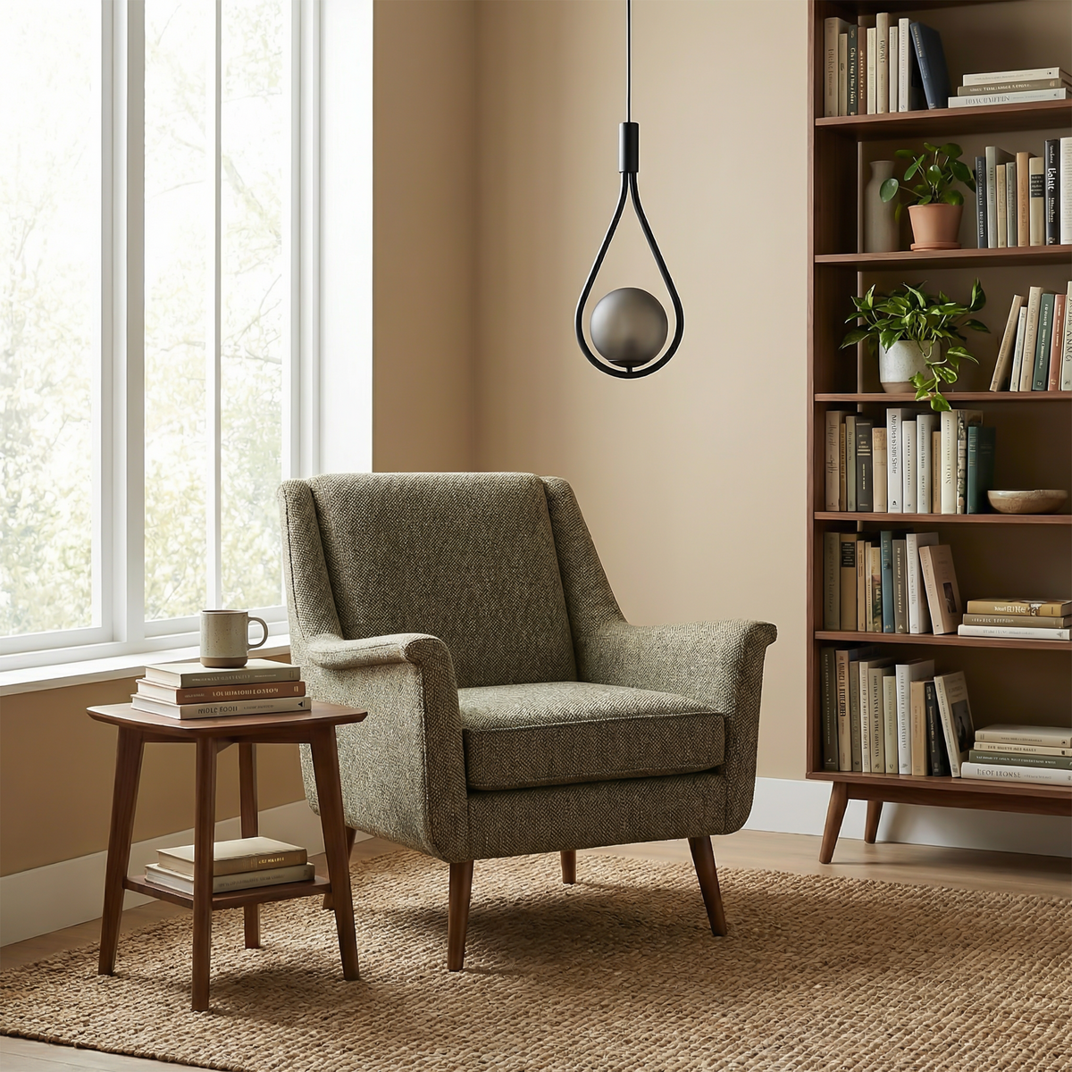Modern Wire-Frame Glass Globe Pendant Light Veloran – Black, reading corner
