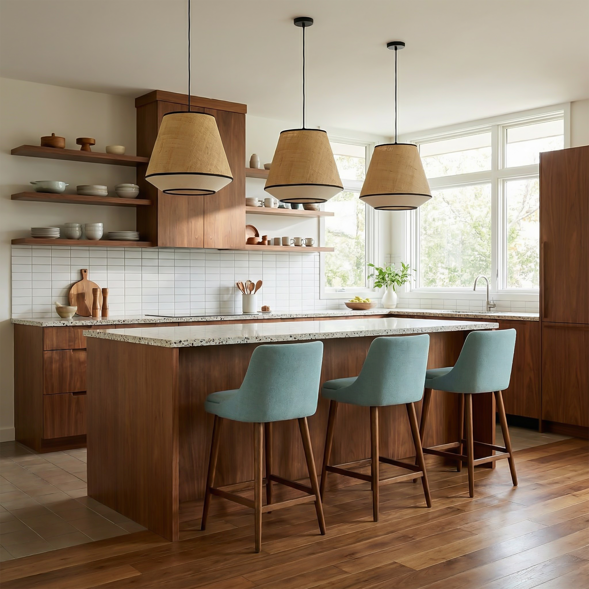 Wabi-Sabi Handwoven Raffia Pendant Light Delavon – Lifestyle in Kitchen (Cone Style)