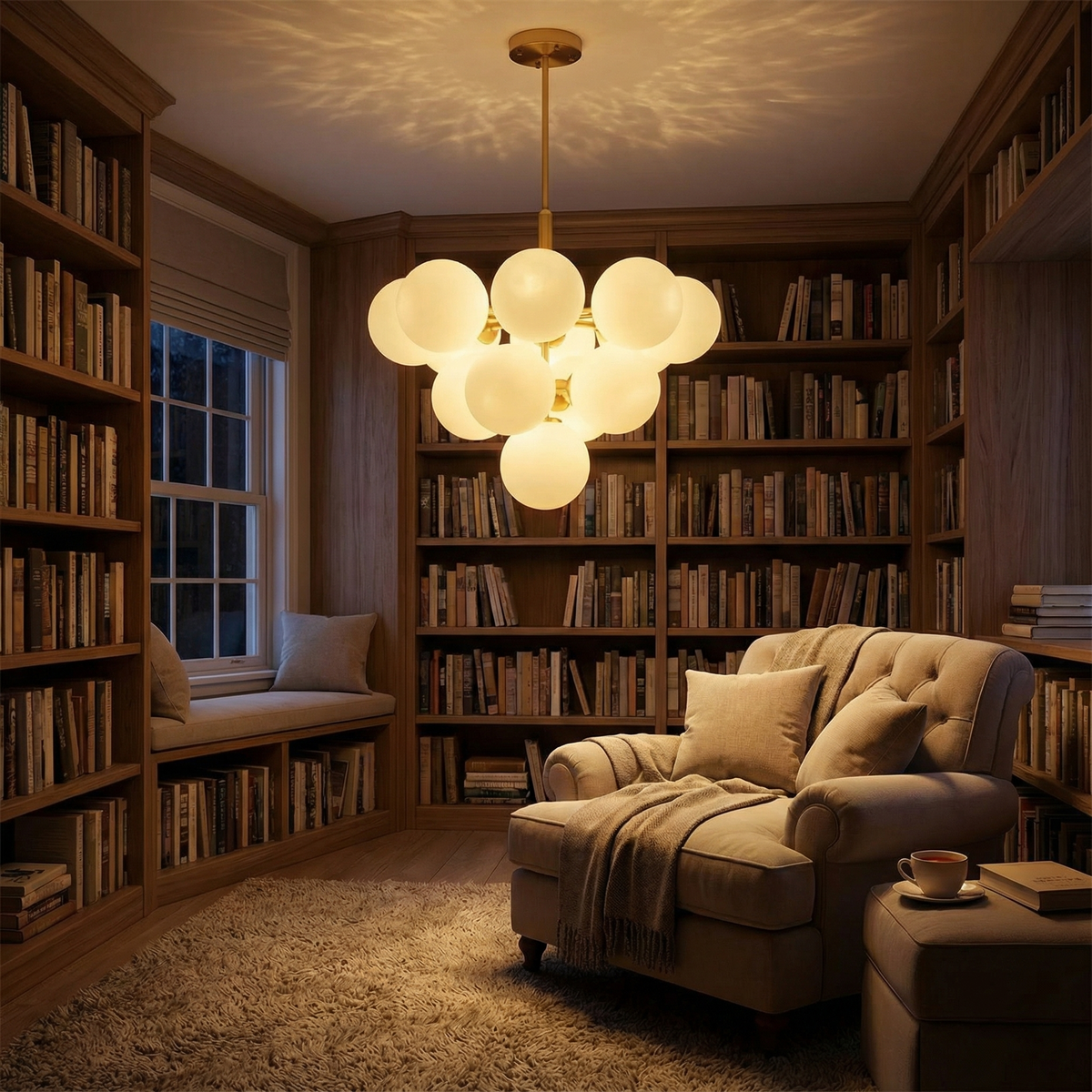 Gornox chandelier glowing above a reading nook library