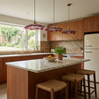 Hand-Blown Floral Glass Pendant Light Caprix – Purple, Lifestyle Trio Over Kitchen Island