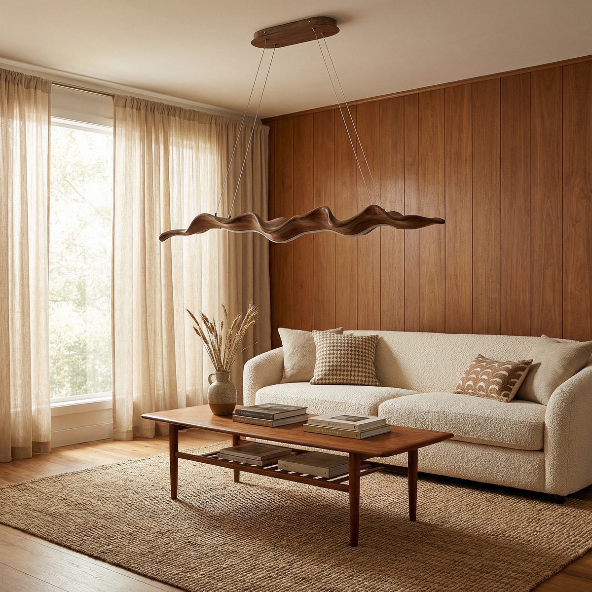 Sculptural wave-form wood-tone pendant light Velorix over a living room sofa
