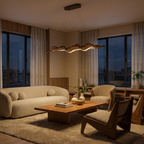 Sculptural wave-form wood-tone pendant light Velorix, night ambiance
