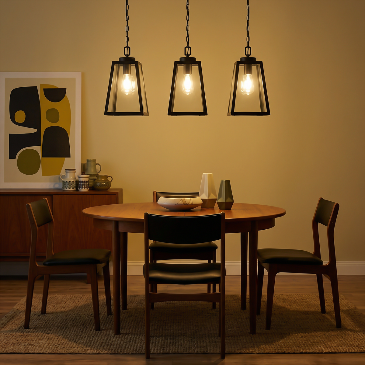 Industrial Cage Lantern Pendant Light Florneth - trio above dining table, evening ambiance