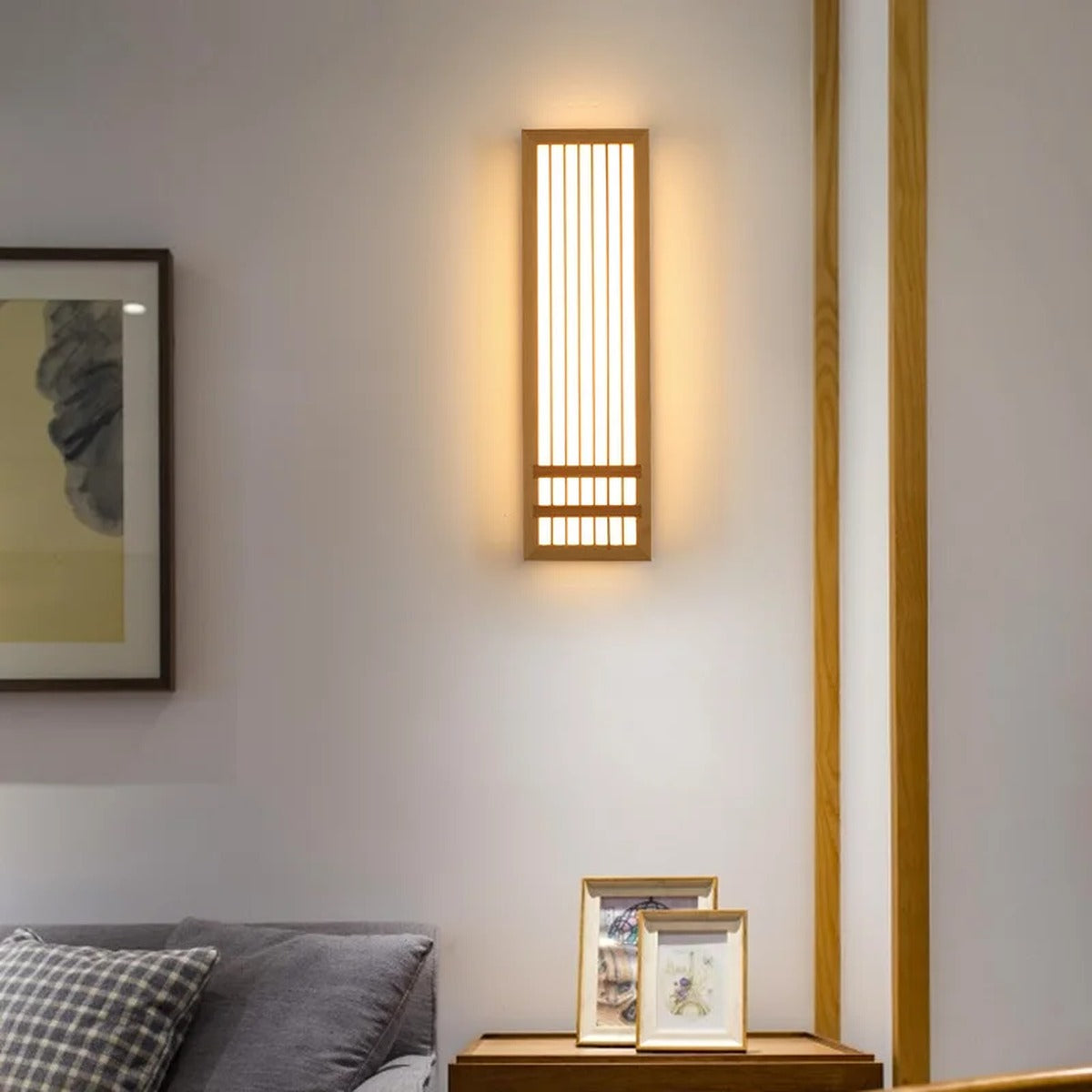 Serenox wood slat wall sconce - bedroom lifestyle view