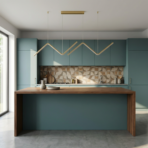 Zendrax angular zigzag LED pendant light in brushed gold above a dining table