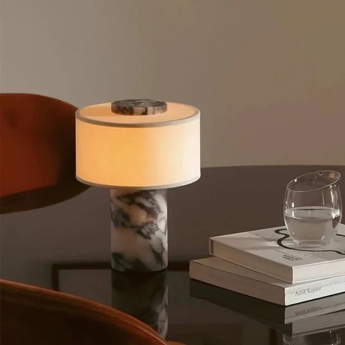 Marble Column Fabric Drum Table Lamp – Helrixon – Hero Shot