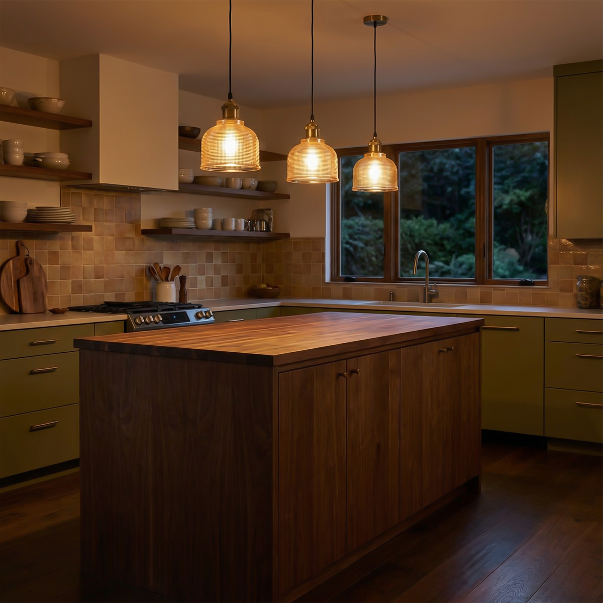 Ribbed Glass Bell Pendant Light Gilnox – Amber Trio Over Kitchen Island
