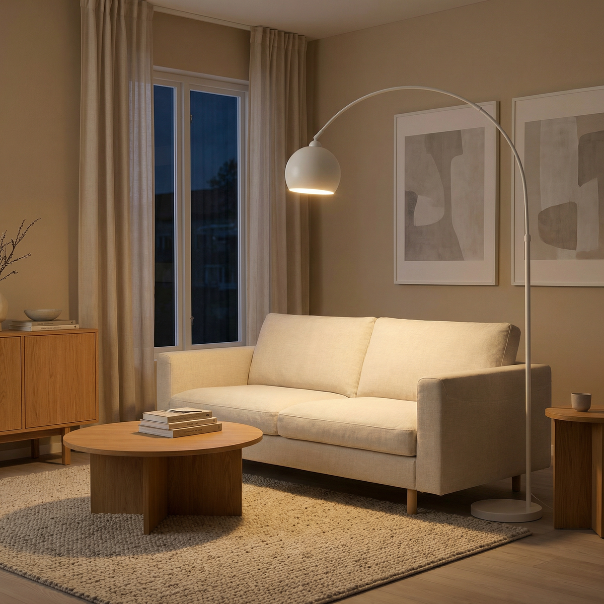 Sculptural Arc Floor Lamp Elaro – White, Lifestyle
