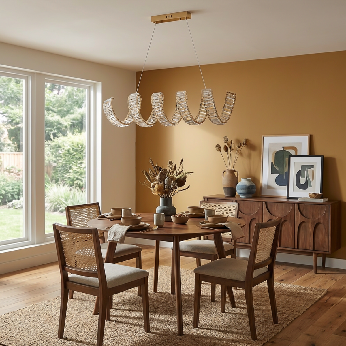 Gold Spiral Crystal Chandelier – Cerix in a dining room setting
