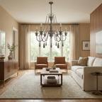 French Country Wood Bead Chandelier Iaron – Lifestyle in Living Room (Weathered Grey, 6 Lights)