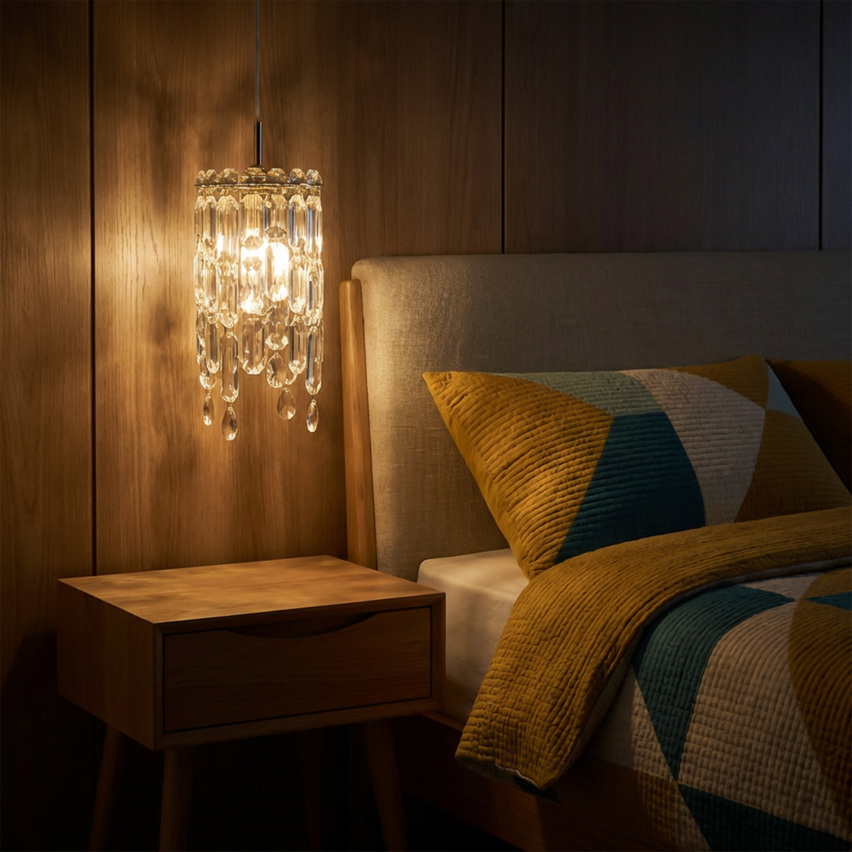 Cerovax crystal pendant light — bedside lifestyle at night