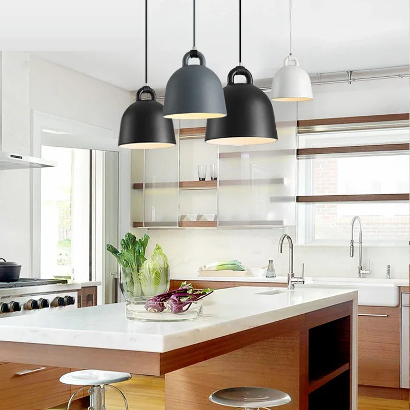 Relavorn resin bell pendant light — Black, Dark Gray and White over a kitchen island