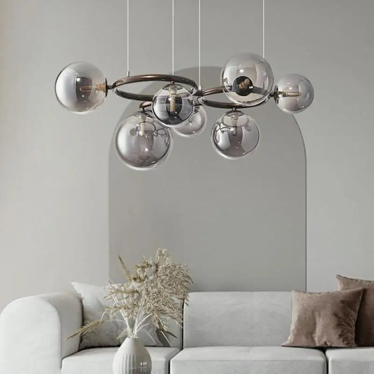 Stellarix Bubble Cluster Chandelier, 7-head smoke grey glass, living room setting