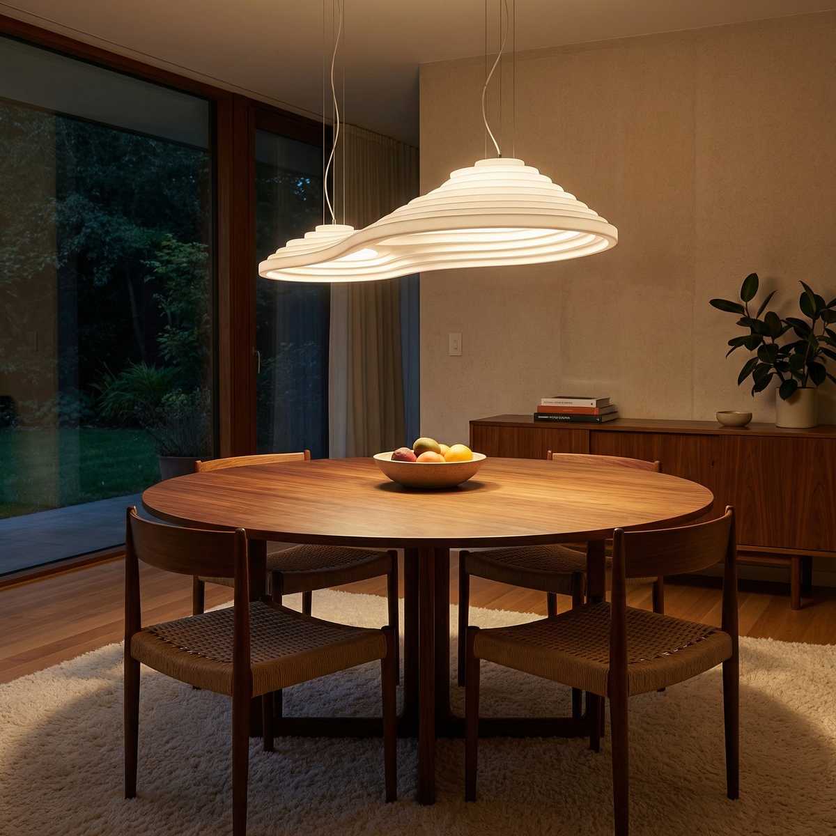 Sculptural Ribbed Wave Pendant Light Amberon – Lifestyle Dining Room View