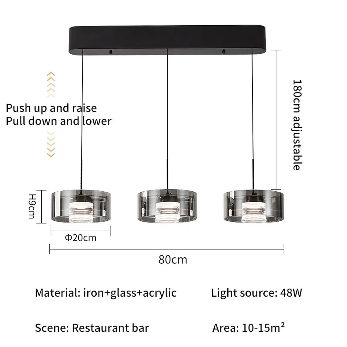Smoked Glass Drum Pendant Light Orinthe – Linear 3-Light Bar, Adjustable Pull Cord dimensions