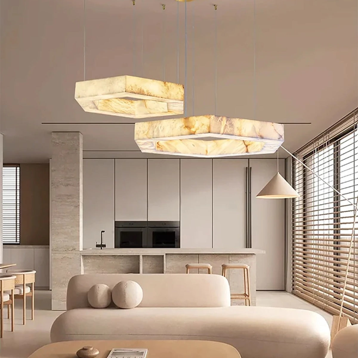 Orivex hexagonal alabaster pendants, shown as a duo, over a kitchen island
