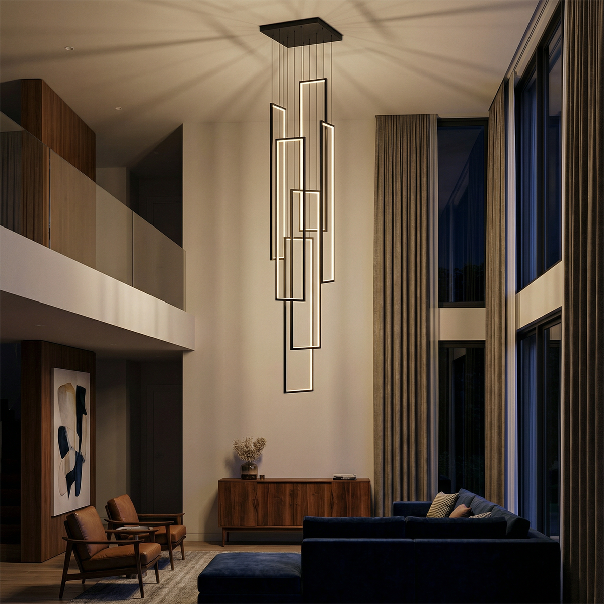 Nordic Rectangular Frame LED Chandelier Daldon – Staircase Lifestyle View