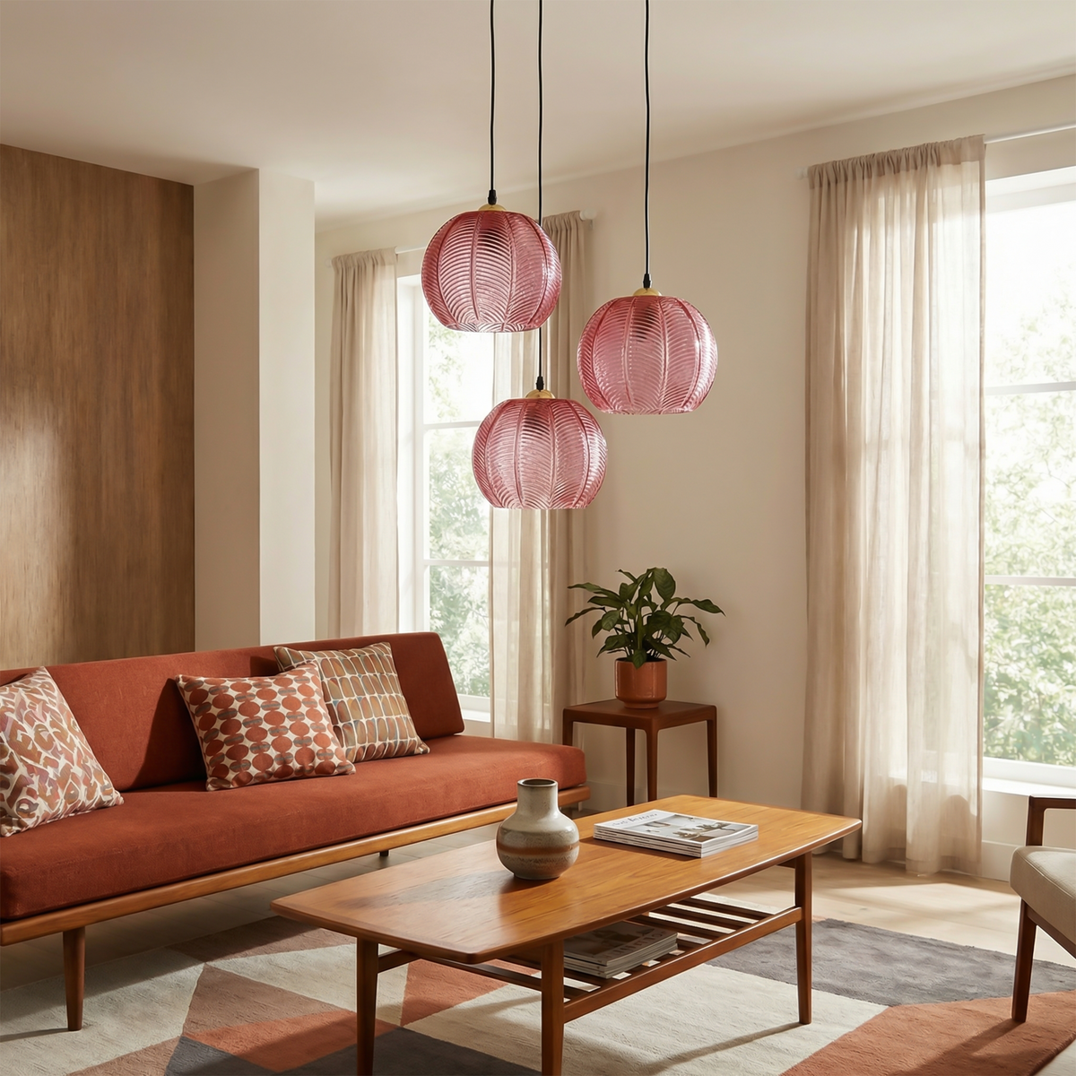 Ribbed Glass Botanical Pendant Light Banlux – Pink Living Room