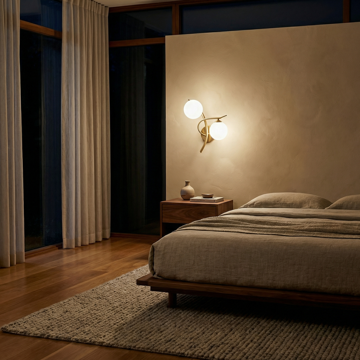 Articulated Metal Arm Wall Sconce Calmeth in brushed gold – bedroom lifestyle