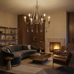 French Country Wood Bead Chandelier Iaron – Lifestyle by the Fireplace (Weathered Grey, 6 Lights)