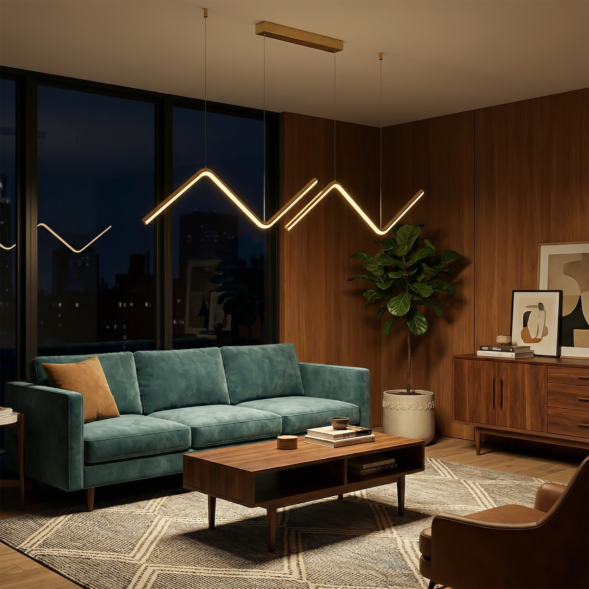 Zendrax angular zigzag LED pendant light in matte black above a dining table