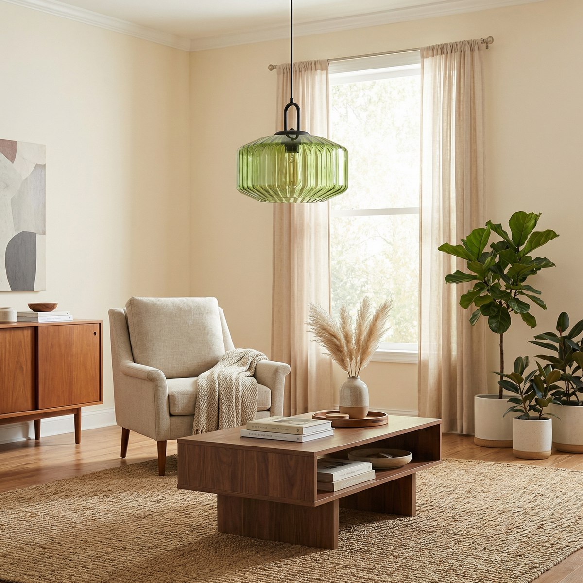 Green ribbed blown glass pendant light Rivenex, living room lifestyle