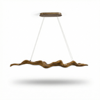 Sculptural wave-form pendant light Velorix, studio shot wood-tone finish
