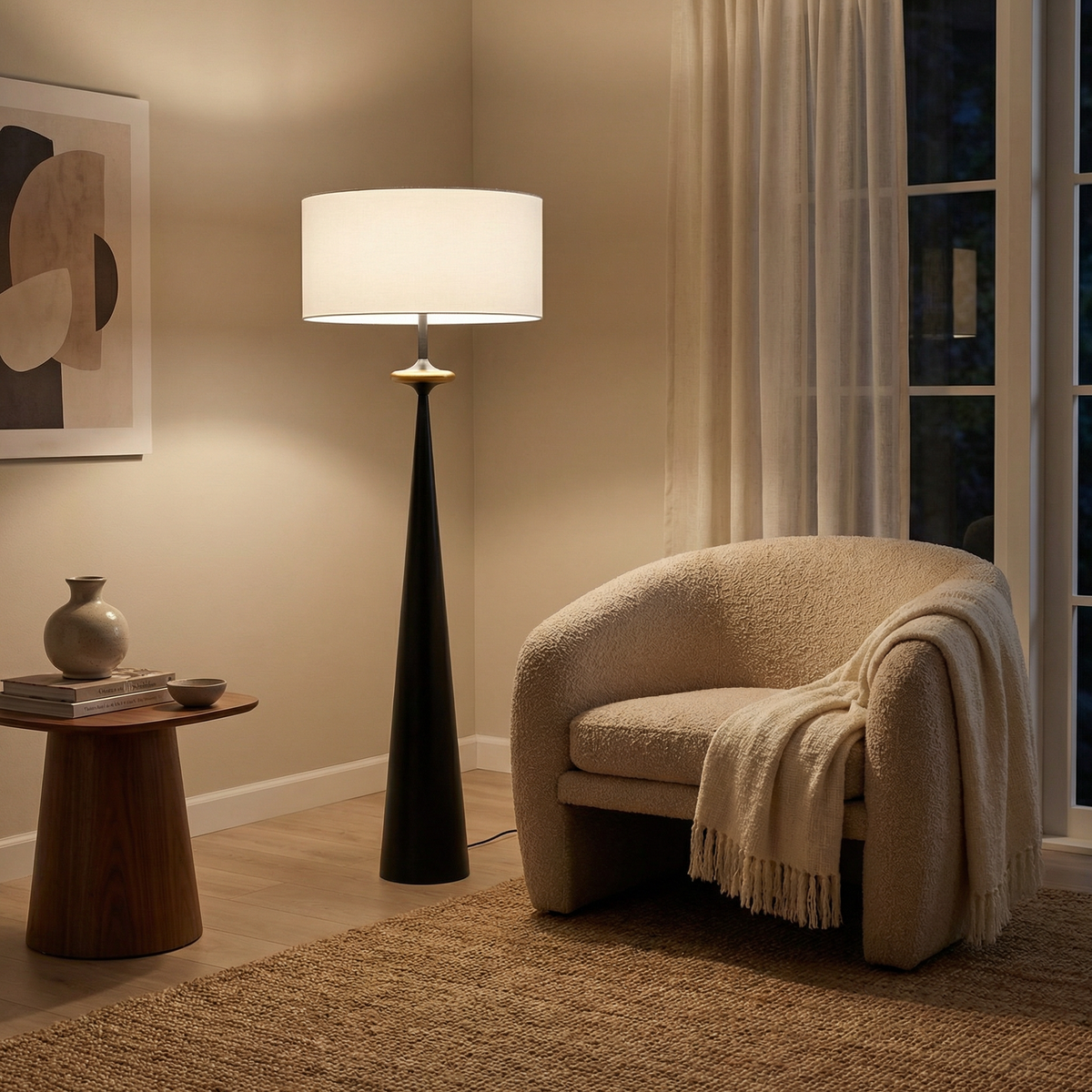 Sculptural Wood Cone Floor Lamp Edvonis – Black Finish, Living Room Corner