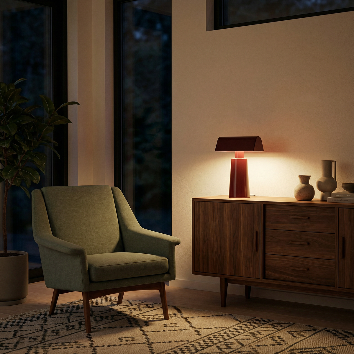 Lacquered Steel Prism Table Lamp Hovelix – Burgundy, lit warm white on sideboard