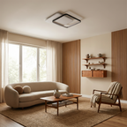 Orvena round silhouette ceiling light in a loft-style bathroom with exposed columns