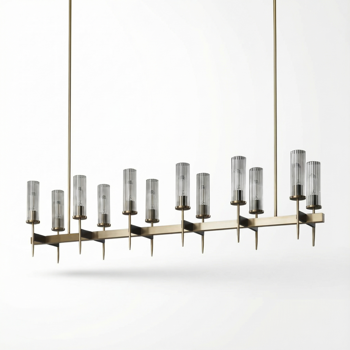 Cernova brass multi-point chandelier, studio detail view on white background