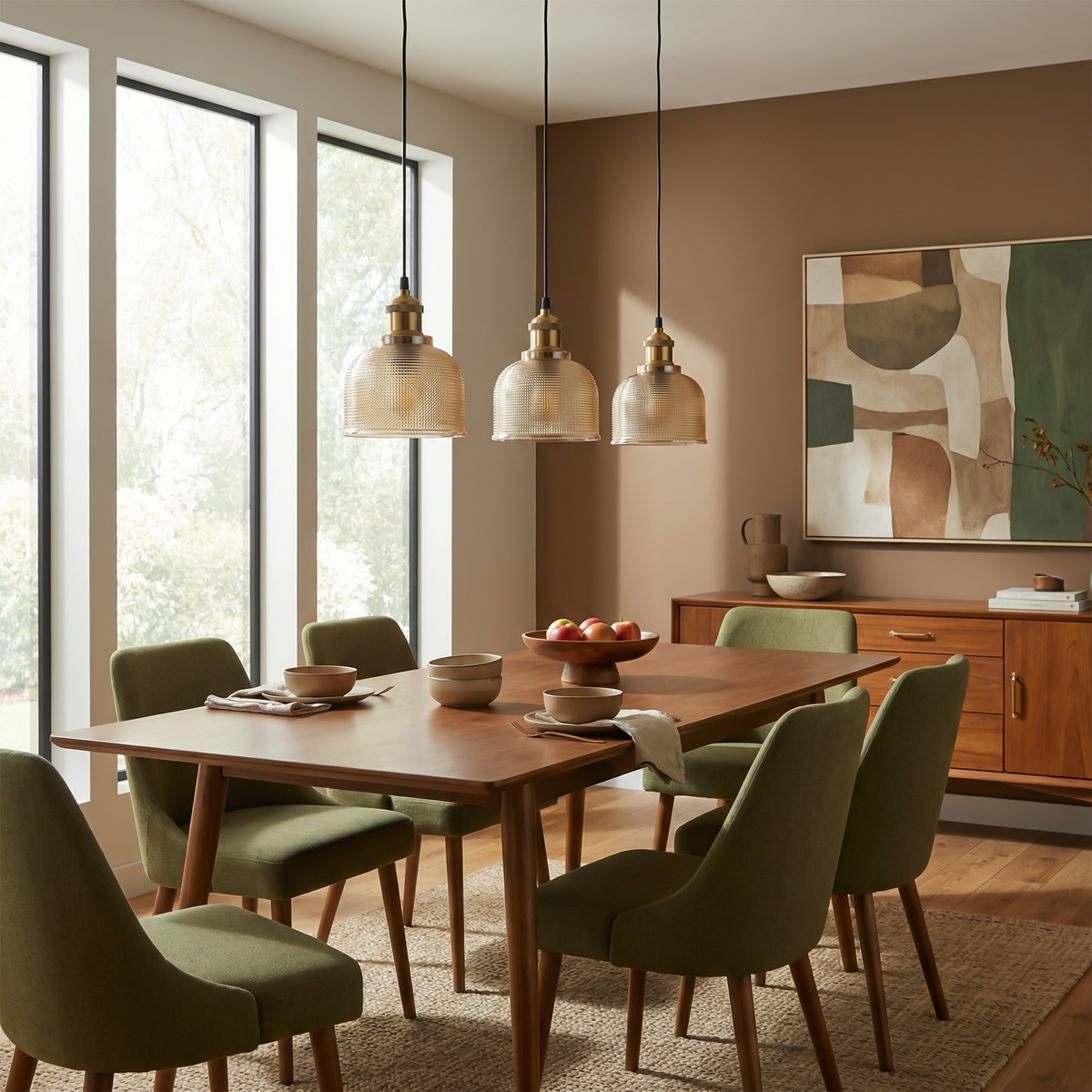 Ribbed Glass Bell Pendant Light Gilnox – Amber Trio Over Dining Table