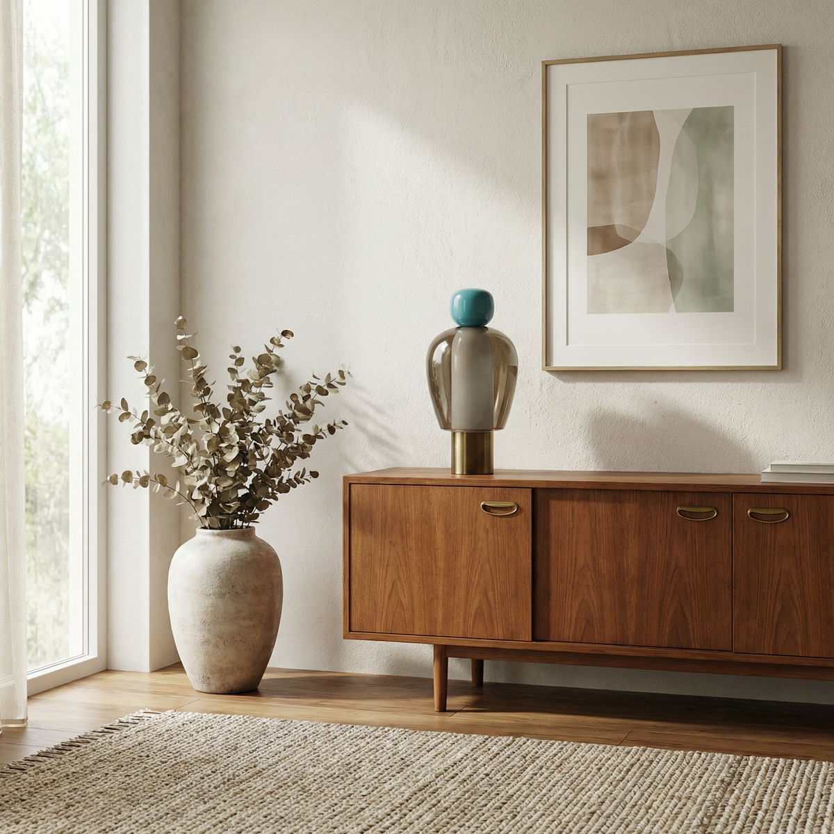 Harovant table lamp, Teal Cap – Brass Base finish, daylight lifestyle scene