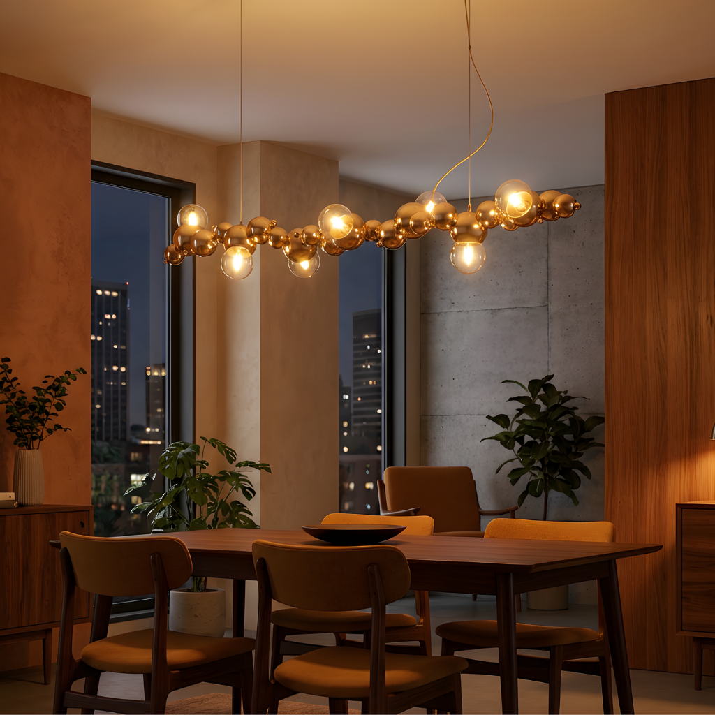 Sculptural Metal Bubble Chandelier – Lumivorn – Gold, Lifestyle Dining Room
