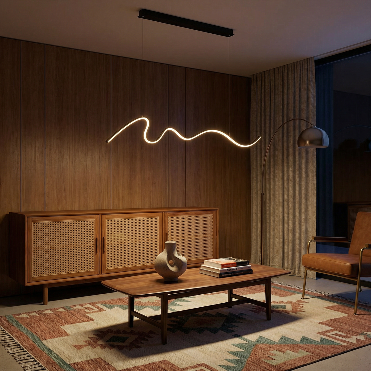 Sinuous Wave LED Linear Pendant Light Thenvorix – Black, Walnut-Panelled Living Room