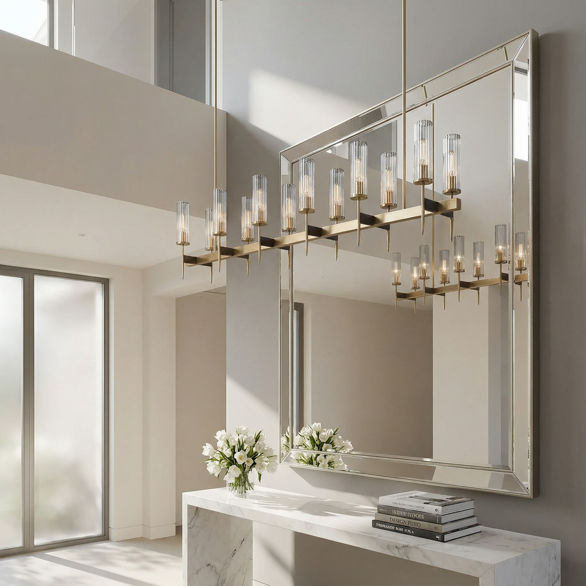 Cernova linear chandelier illuminating an entryway console beneath a mirror