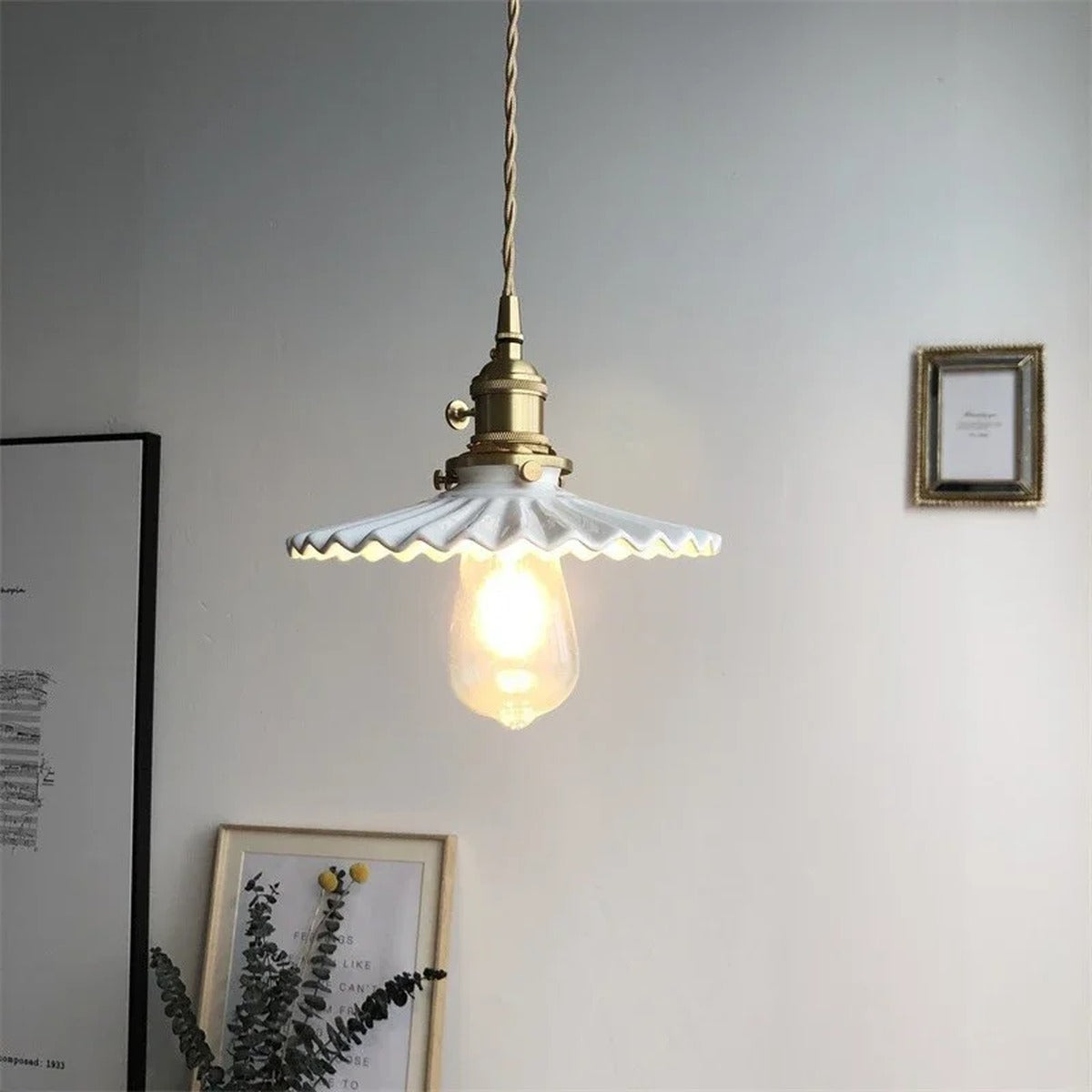 Cuprano fluted ceramic pendant light — Fluted Fan shade, side view