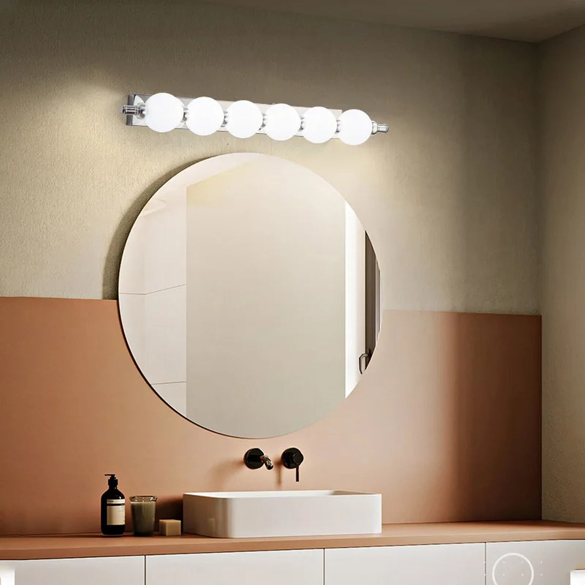 Zelinth 6-globe vanity bar in a warm terracotta bathroom
