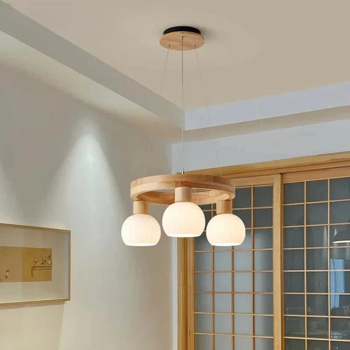 Wood Ring Opal Globe Chandelier – Levon – Lifestyle View 3