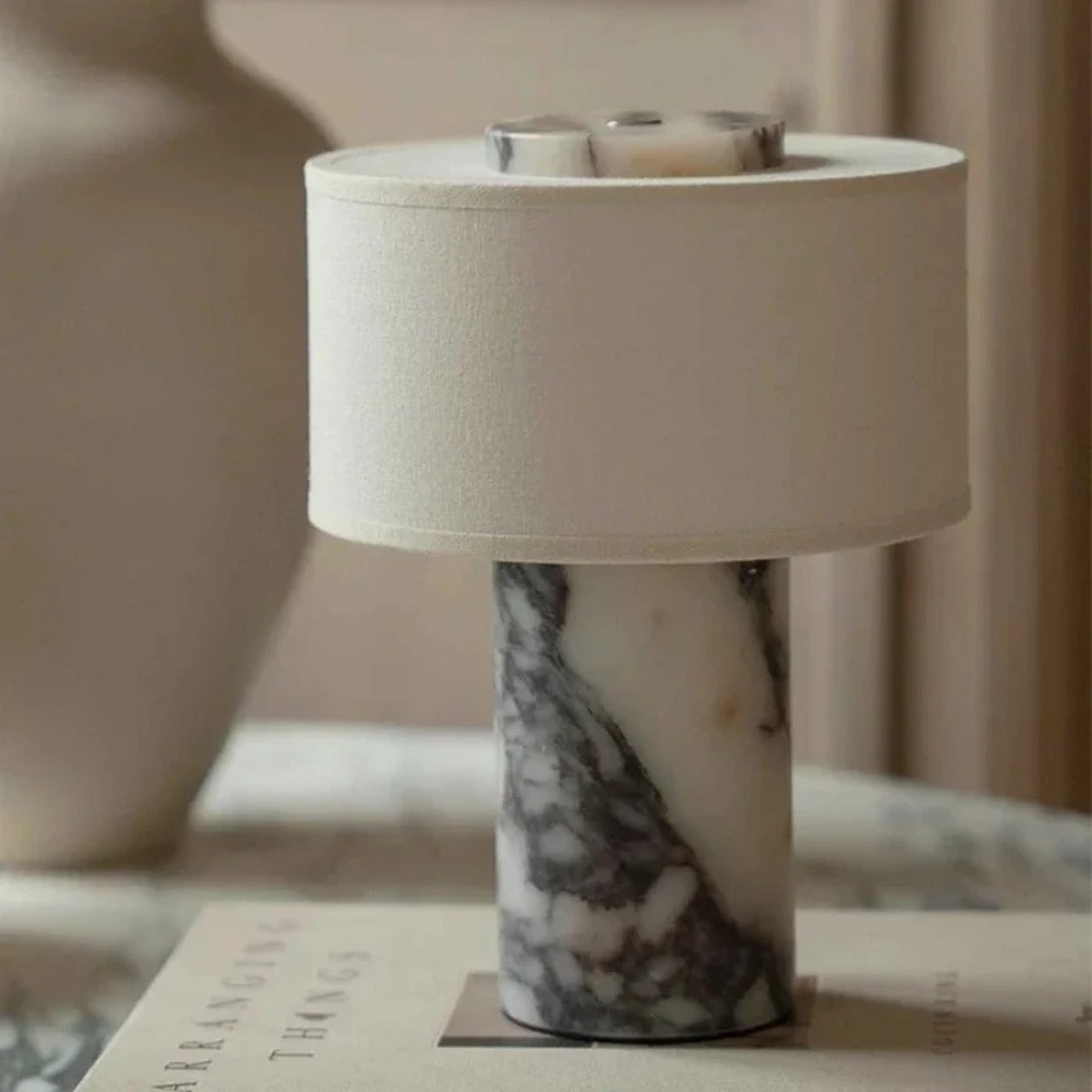 Marble Column Fabric Drum Table Lamp – Helrixon – Lifestyle View 4
