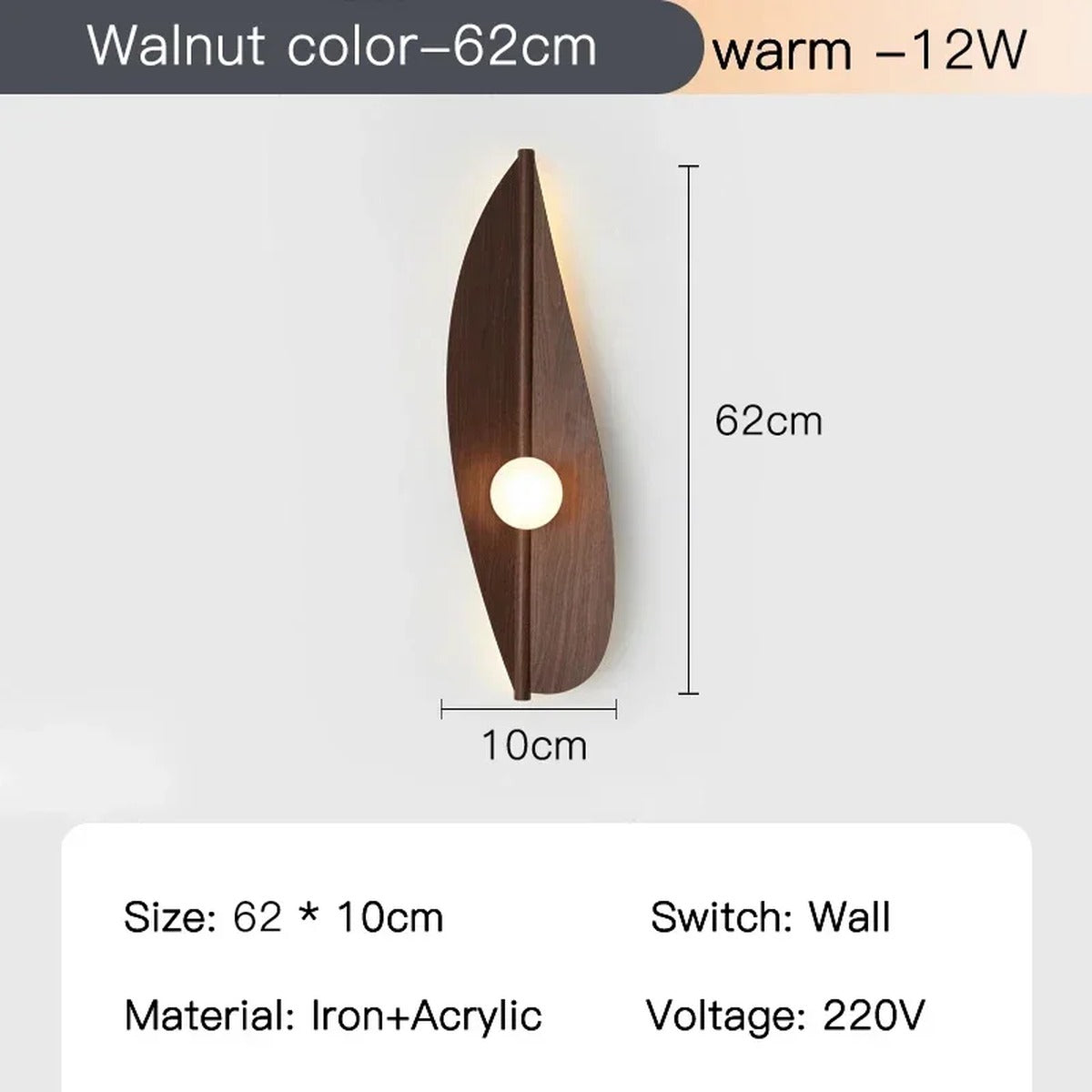 Wabi-Sabi Leaf-Form Wall Sconce Velanthos — Walnut 62 cm