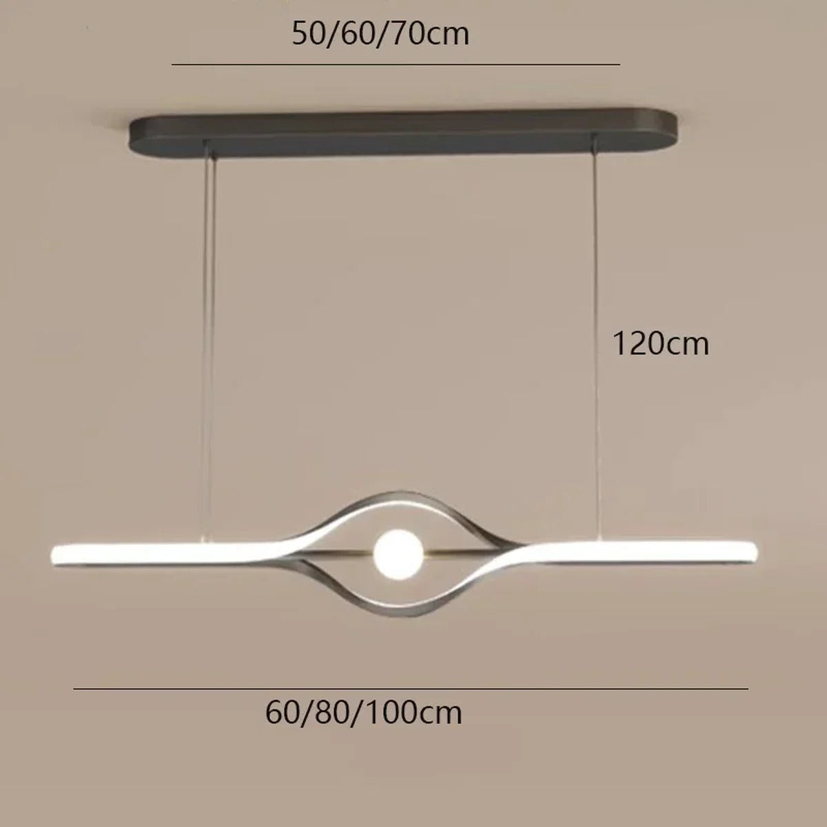 Ondara sinuous wave linear LED pendant light — Black finish dimensions