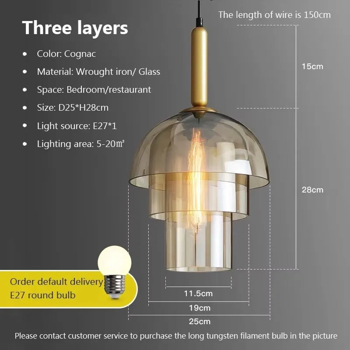 Tiered Cognac Glass Dome Pendant Light – Quarlix – 3-Tier dimensions