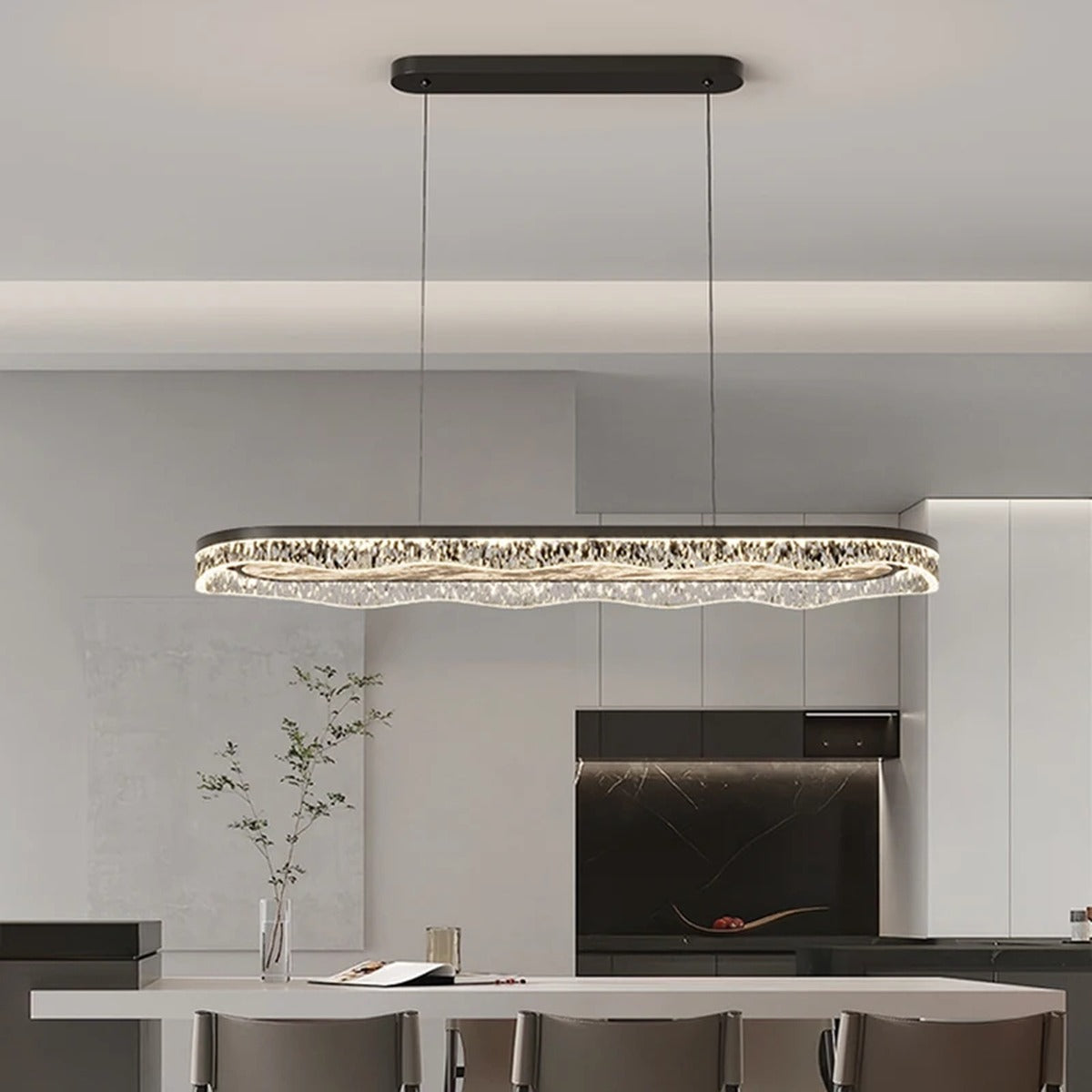 Wave Crystal LED Linear Pendant – Qevantis – Lifestyle View 3