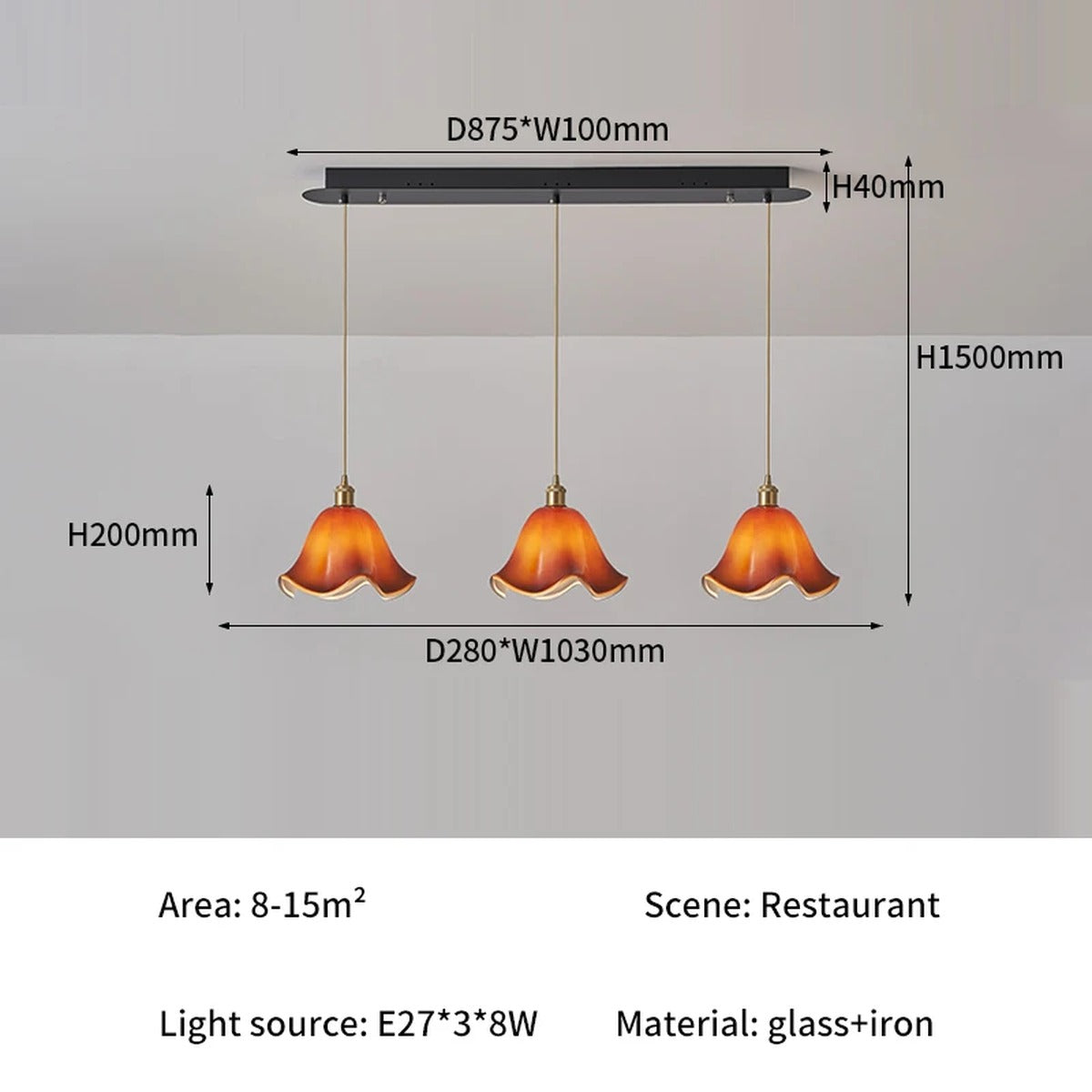 Florvane ombré glass pendant light, Amber, three-head dimensions