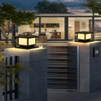 Modern Solar LED Pillar Cap Light Eonara – Lattice design on modern gate piers at dusk